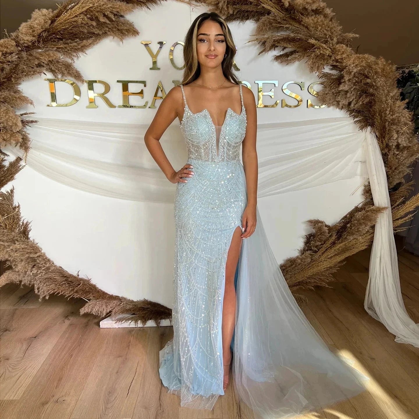 14 / 1 Luxury Nude Spaghetti Straps Mermaid Arabic Long Evening Dress with High Slit Overskirt for Wedding Party Gown SZ311