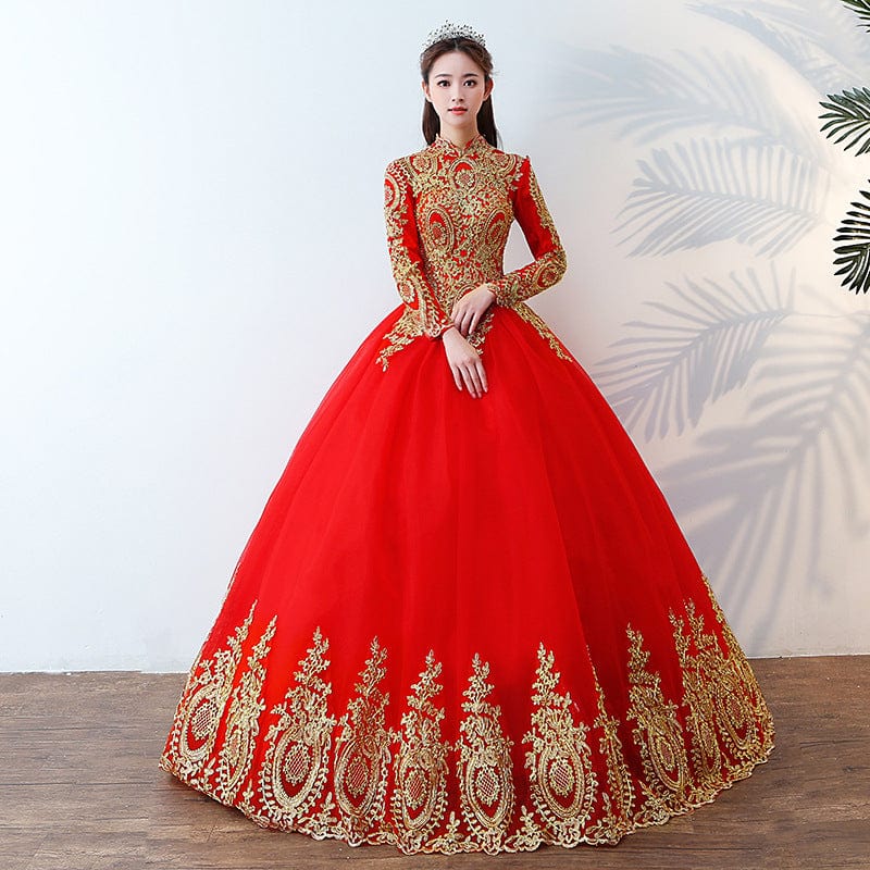 14 / 2 / Floor Length Appliqued Gold Lace Off Shoulder Ball gown wedding Evening pattern Red Muslim Asian European American Traditional dress