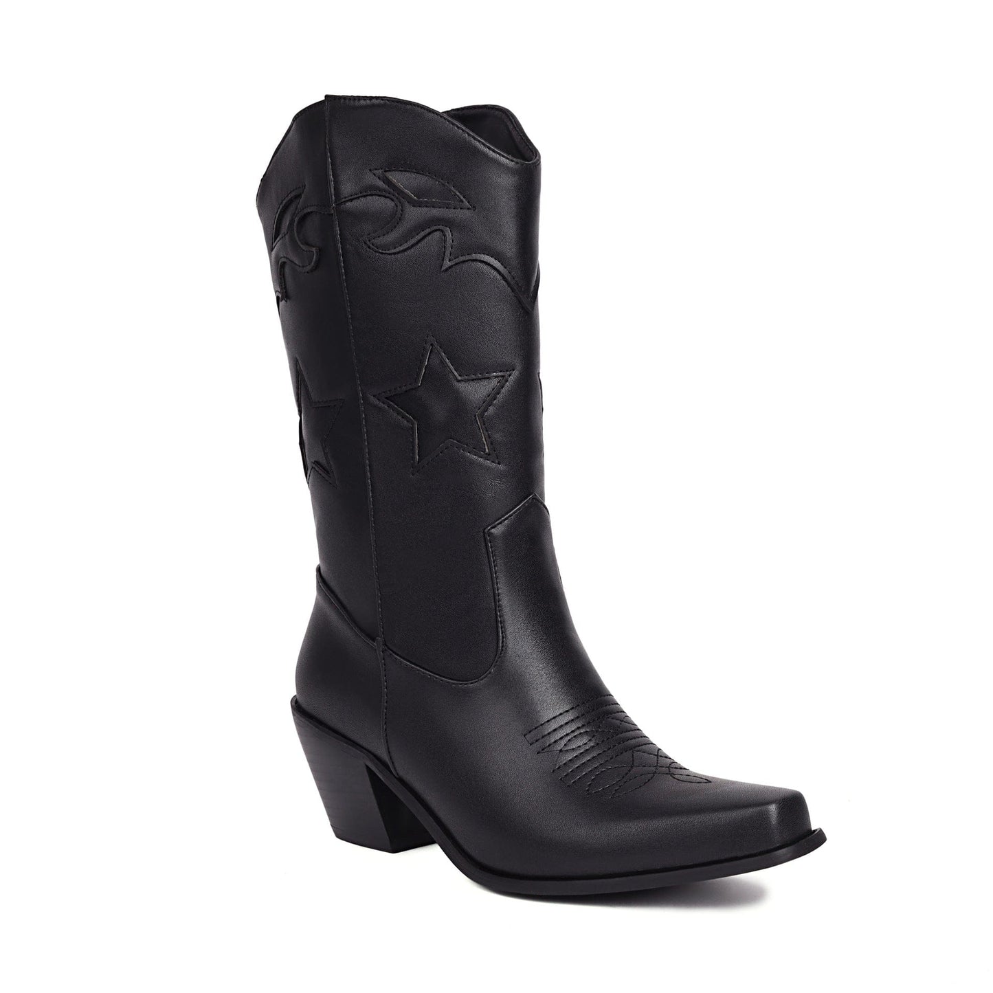 14 / Black BUSY GIRL XY4798 Black leather star decor knee high boots women shoes wholesale 6cm heels short fur winter cowboy boots