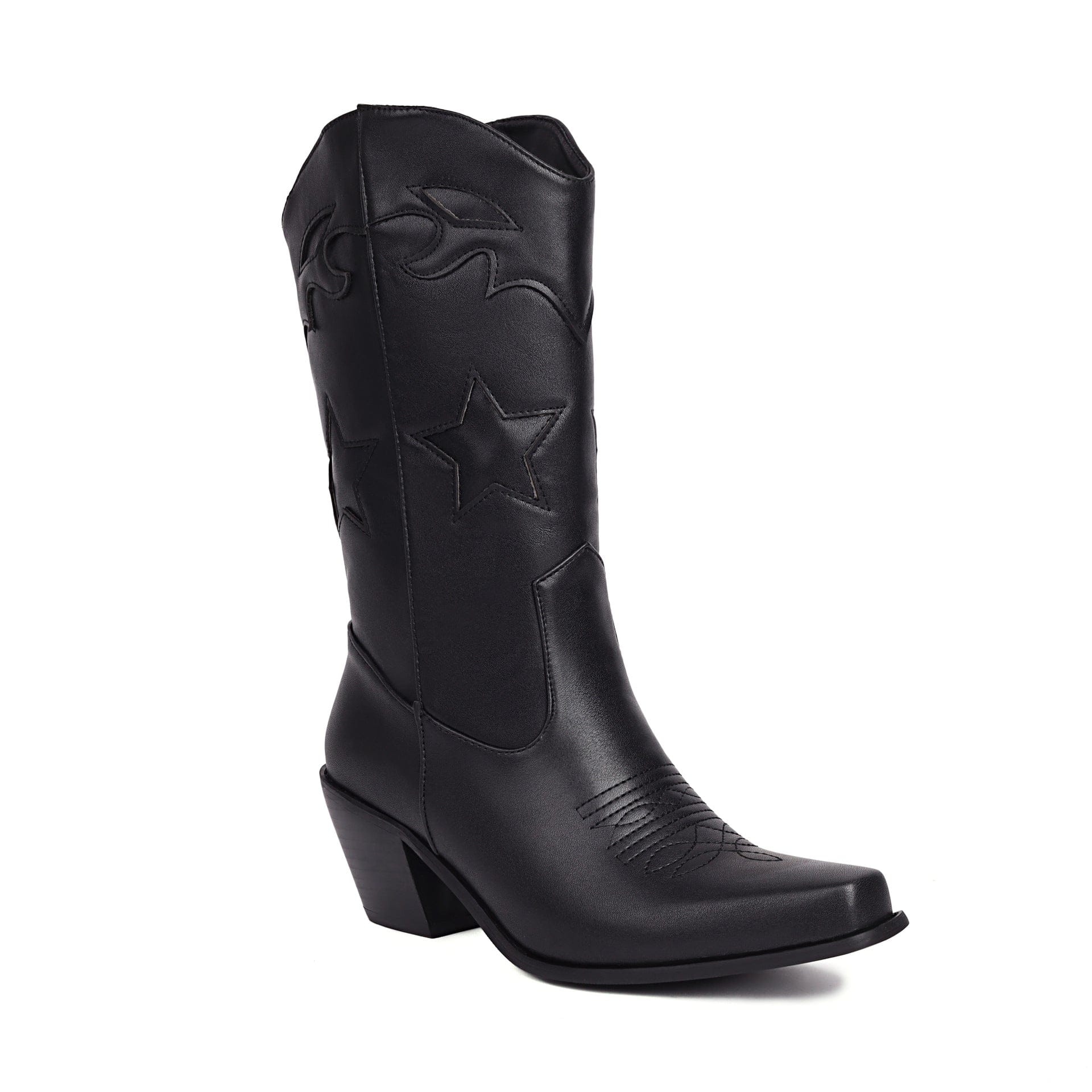 14 / Black BUSY GIRL XY4798 Black leather star decor knee high boots women shoes wholesale 6cm heels short fur winter cowboy boots