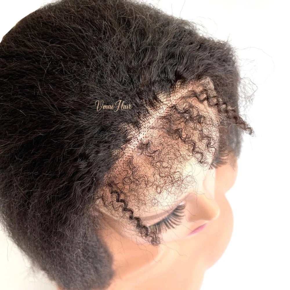 14 Inches / 150% VMAE Indian Raw Coarse Kinky Straight 5x5 HD Lace Human Hair Wig with curly baby hair Black Women easy to add volume thickness