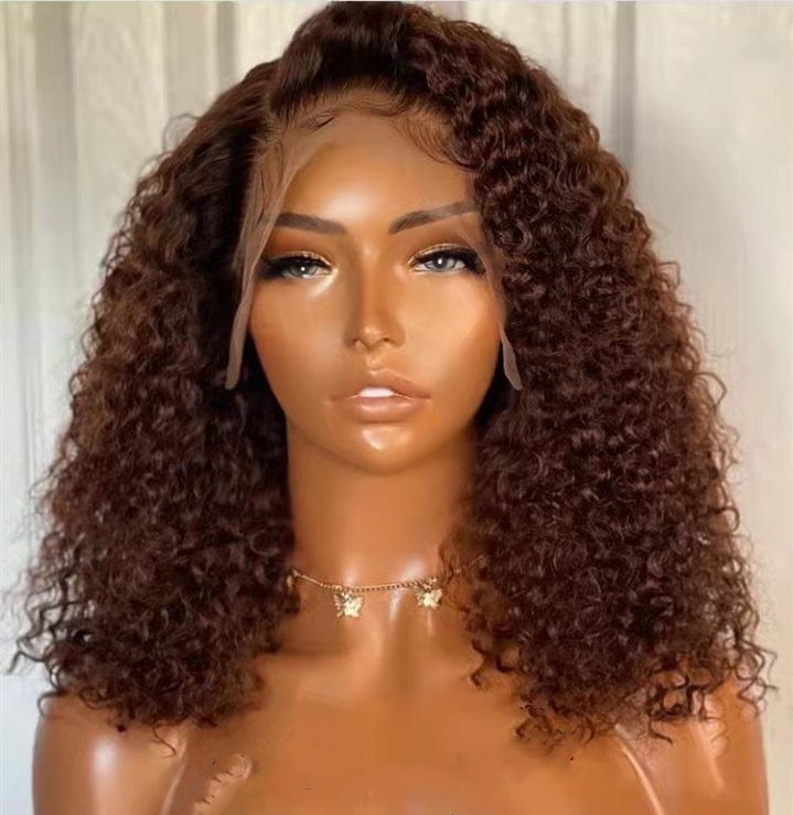 14 Inches / 180% Density 13*4 Lace Front Wig2 High 250% Density Chestnut Brown Color Kinky Curly Short Bob Wig Pre plucked Invisible Knots Real Raw Human Hair Lace Front Wigs