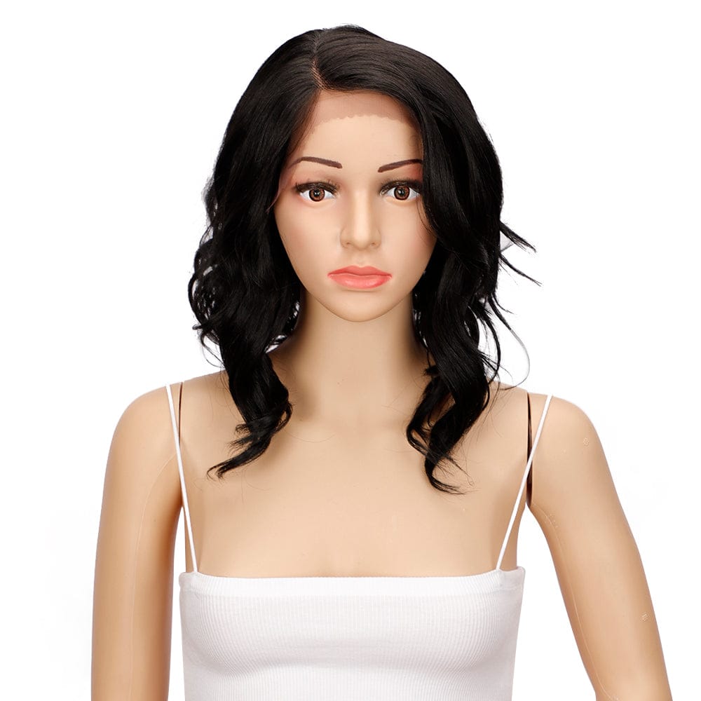 14 Inches / 1B sleek wholesale manufacturer hot selling cheap glueless body wave heat resistant fiber lace part front synthetic hair wigs