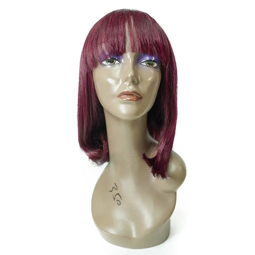 14 Inches / 99j  Wig with Fringe Human Hair Bob Lace Wigs Vendor,Red Orange Pink Purple Cut Bob Wigs With Bang,Wigs Rose Red Pink Bobs Hair 100%human