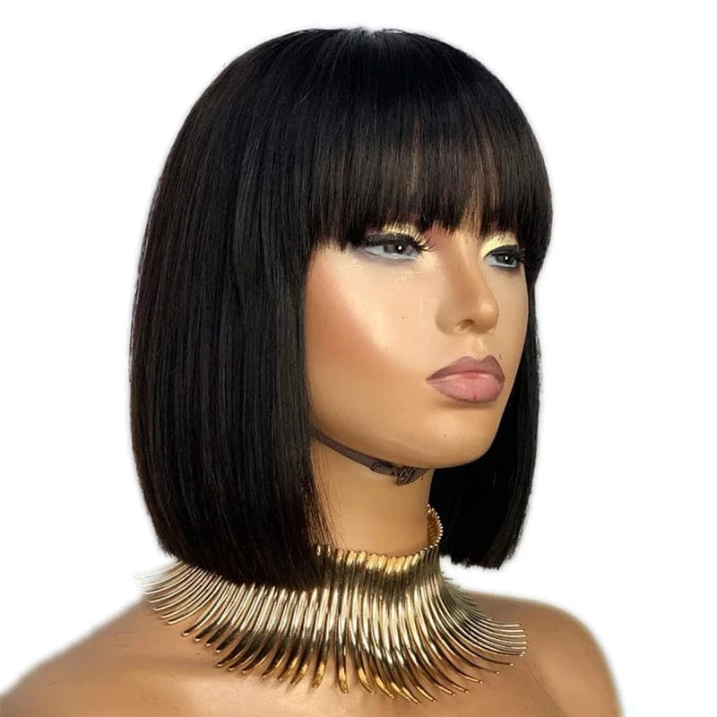 14 Inches / Black Natural Straight Short BOb Wigs With Bangs Vendors Brazilian Human Hair Wig Bulk Virgin Remy Machine Made Cheap Wigs