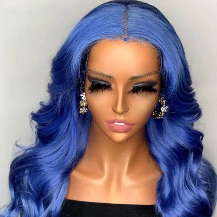 14 Inches / # Blue Highlight Color Wave Blue Highlight Color Brazilian Remy Hair Middle Part Cuticle Aligned 13*4 Transparent Lace Frontal Wig