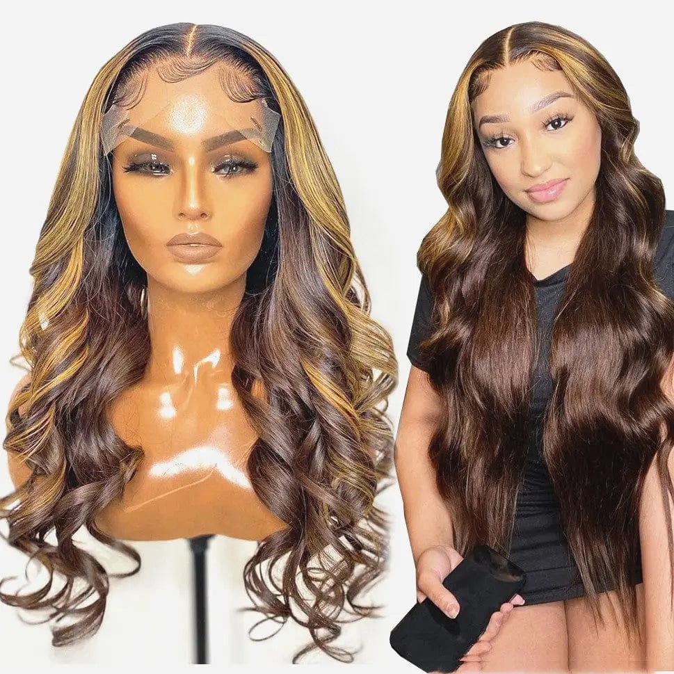 14 Inches / Color 2 Popularity Loose Body Wave Ombre Honey Brown Blonde Highlight Virgin Burmese Cuticle Aligned Hair Lace Front Wigs
