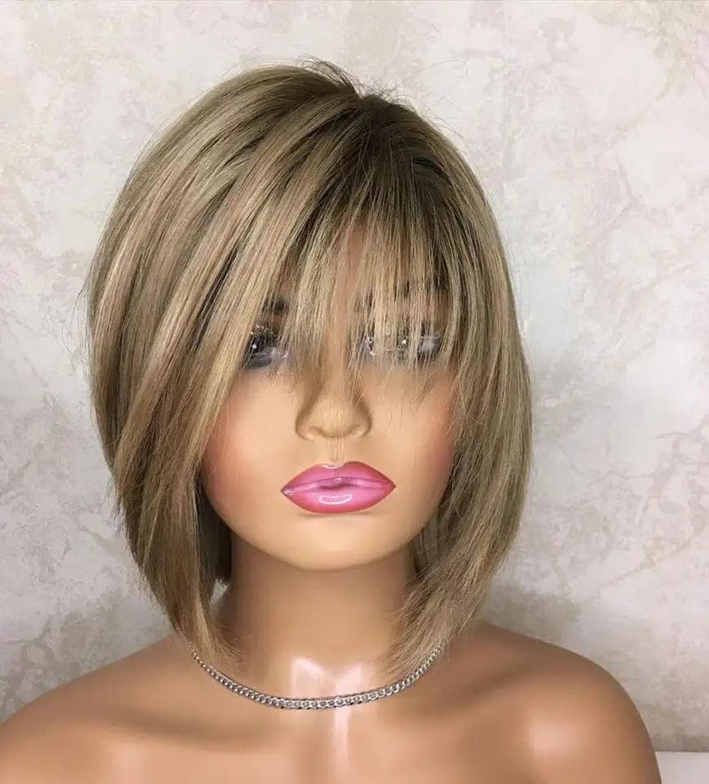 14 Inches / LOOK1 Hot Selling Highlight Blonde Color Silky Straight With Bangs Human Hair Wig Transparent Lace Front Wigs