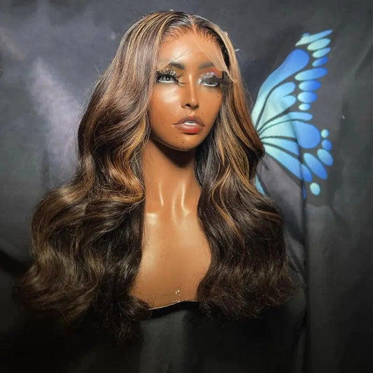 14 Inches / # style1 Full Hair Black Brown Highlight Color Ocean Wave Wig Pre Plucked Cuticle Aligned Lace Front Closure Wigs