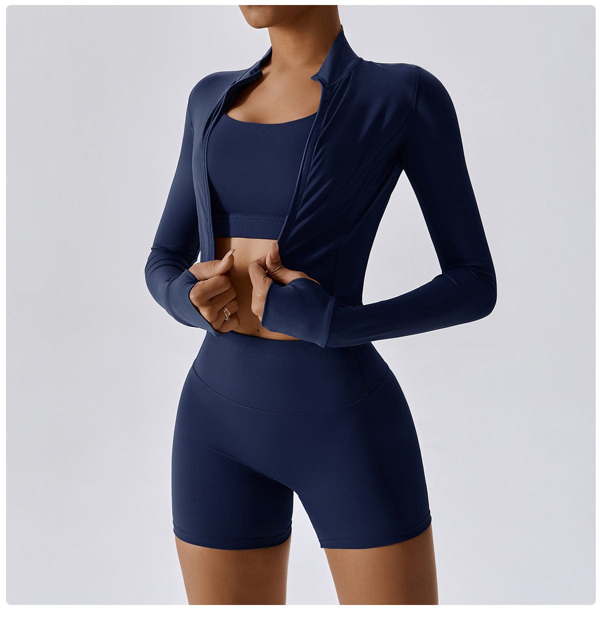 14 / NAVY OEM Workout outfits 3 pieces outdoor sports lulu naked tight yoga top jacket high waist shorts three pieces fitness yoga sets