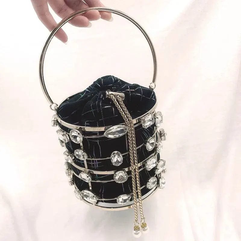 14X14X12CM / black Luxury Designer Rhinestone Women Clutch Bag Decorative Ladies Mini Bucket Handbags Diamond Dinner Purse