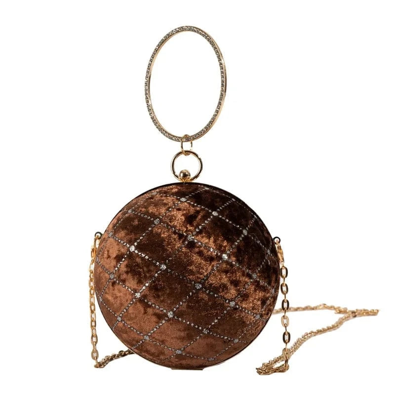 14x14x14cm / 24281 Brown European Retro Handbag Velvet Women Chain Shoulder Bag Fashion Circular Diamond Ball Crossbody Bag Round Evening Party Clutch