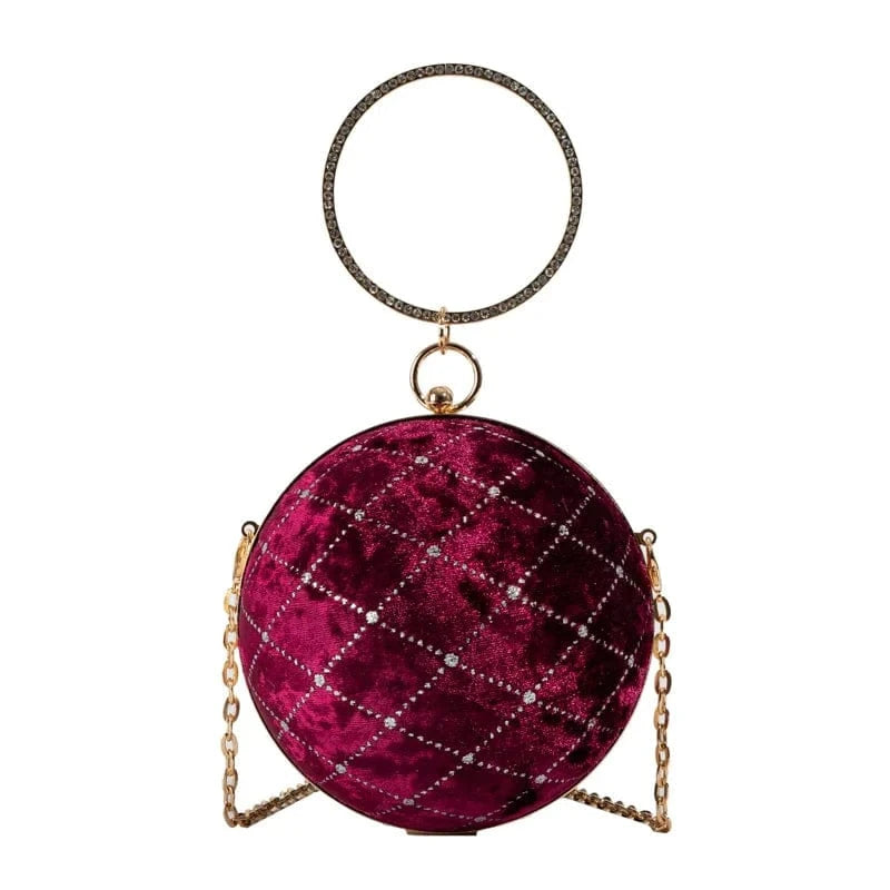 14x14x14cm / 24281 Wine Red European Retro Handbag Velvet Women Chain Shoulder Bag Fashion Circular Diamond Ball Crossbody Bag Round Evening Party Clutch
