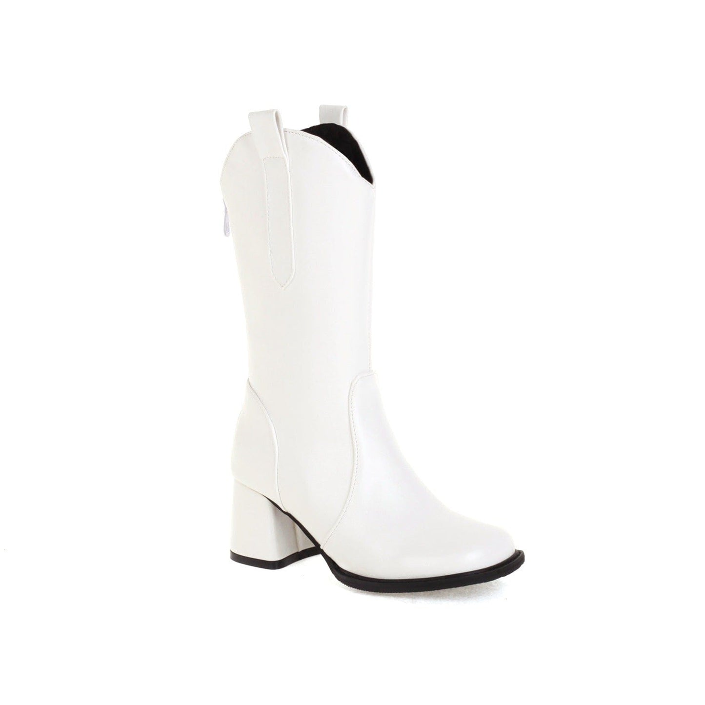 15 / White BUSY GIRL XY4836 knee high boots for women size 48 square toe 6.5cm block heels ladies fashion mid calf cowboy boots