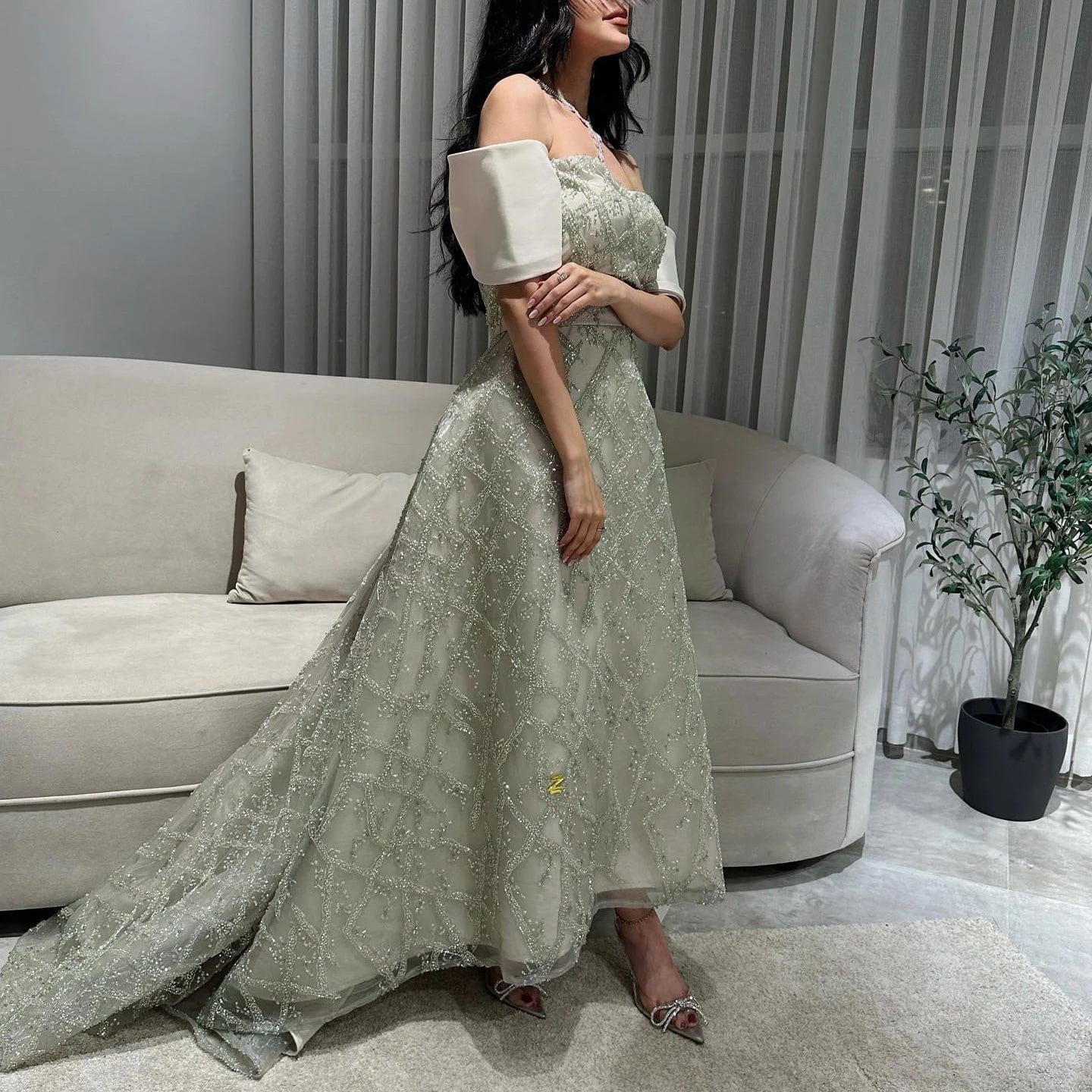 16 / 1 Saudi Arabia A-Line Sage Green Evening Dresses For Women Wedding Elegant Dubai Beaded Midi Formal Party Gownns Sz427