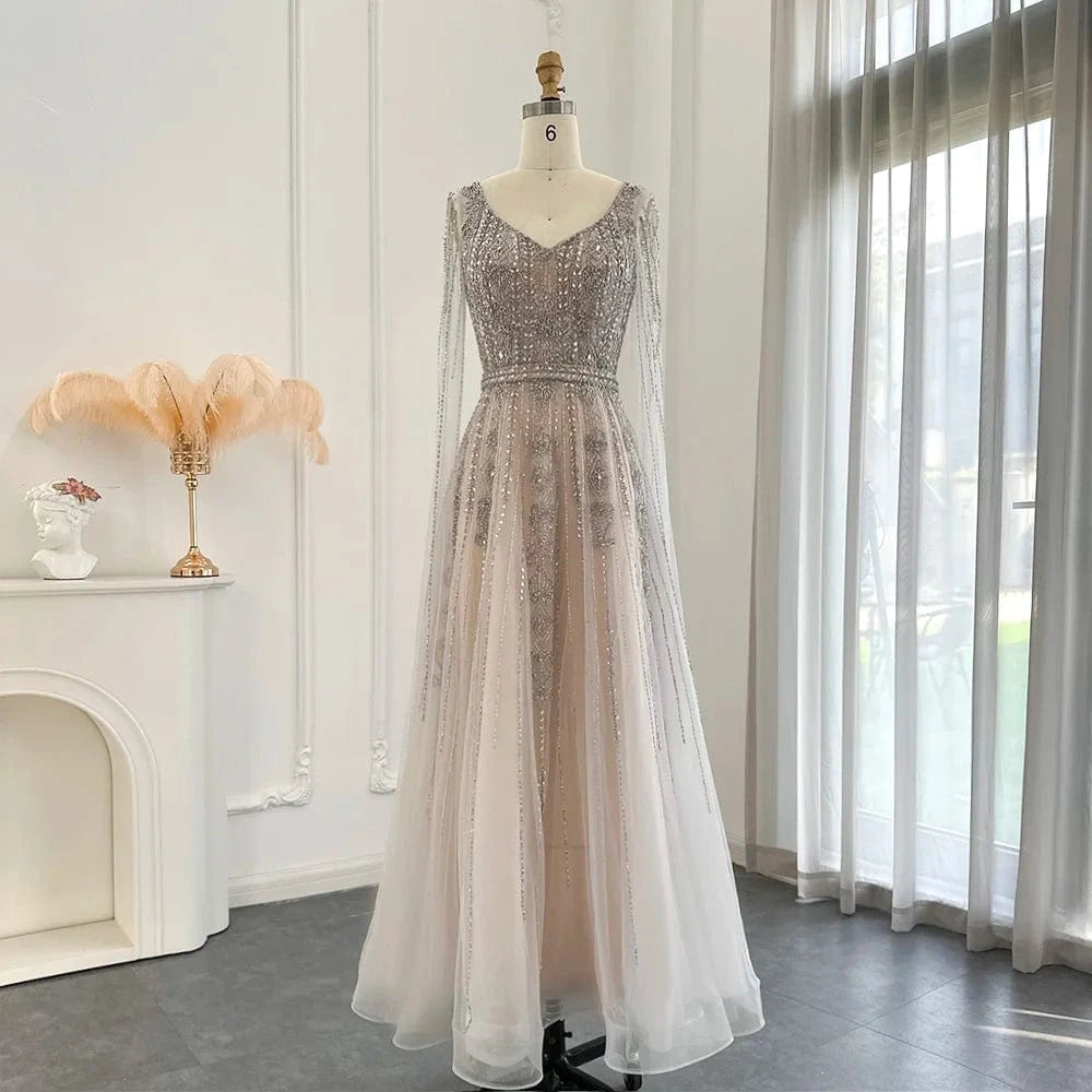 16 / 1 Silver Nude Arabic Evening Dress With Cape Sleeve Luxury Crystal Dubai Formal Dresses For Women Wedding Party Sz069