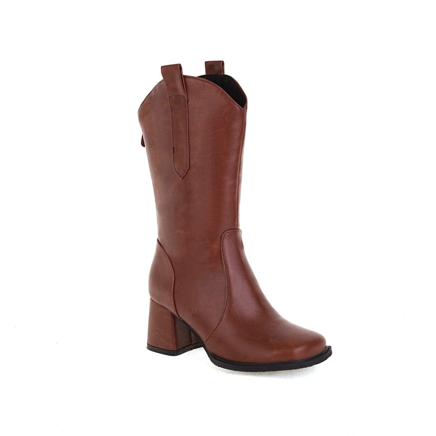 16 / Brown BUSY GIRL XY4836 knee high boots for women size 48 square toe 6.5cm block heels ladies fashion mid calf cowboy boots