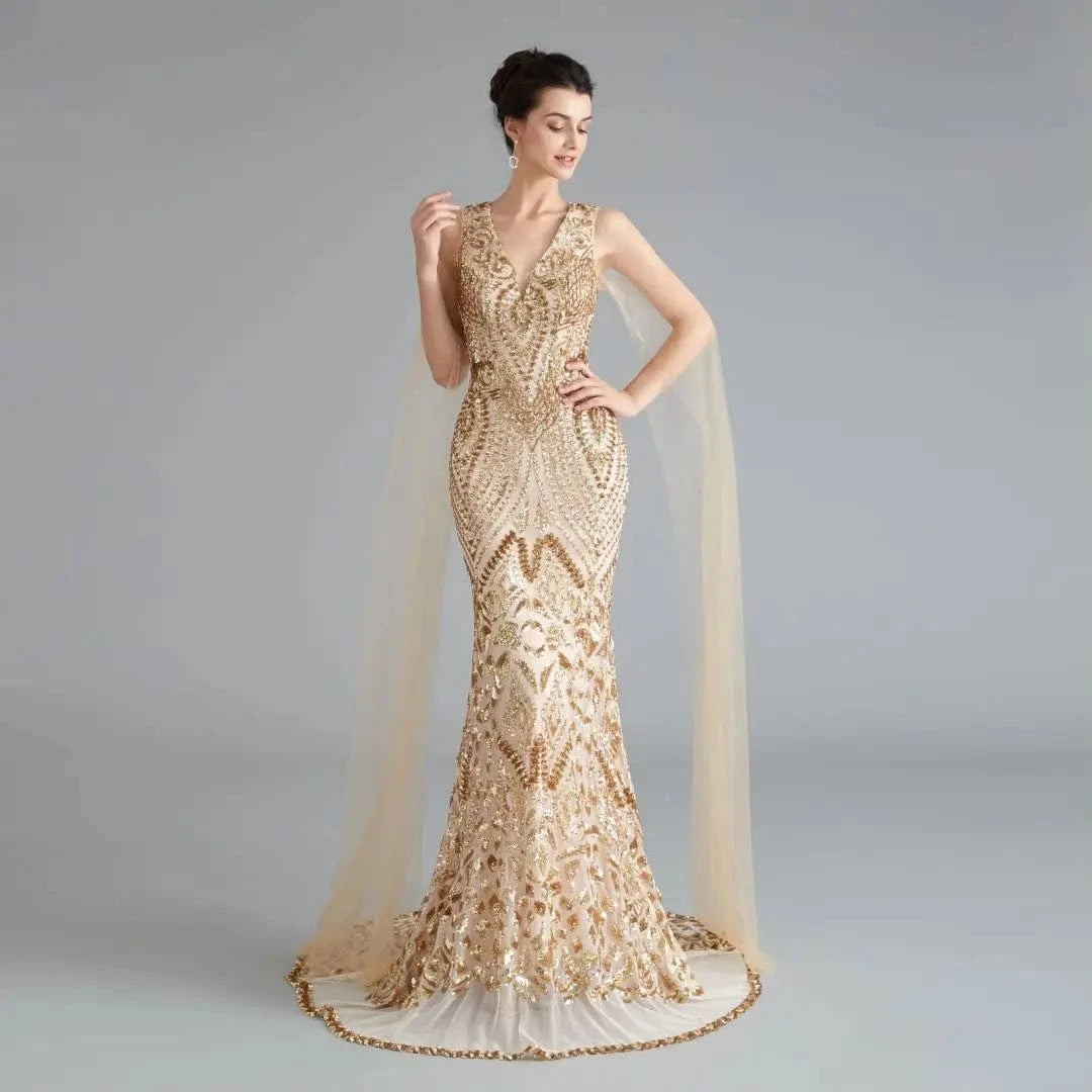 16 / Golden Wholesale Luxury Red Mermaid Modest Gold Celebrity Evening Dresses Women Champagne Elegant Sequins Silver Party Wear with Wings