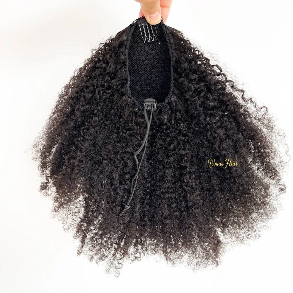 16 Inches / Afro Curly A VMAE Burmese Full Thickness 3A 3B 4C Afro Kinky Curly Raw Hair Weaves One Donor Human Hair Drawstring Ponytail With Easy Combs