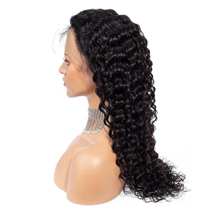 16 Inches / black Pre-prucked Baby Hair Long Full HD 360 Front Lace Wig Deep Wave 100% Virgin Human Hair Wig