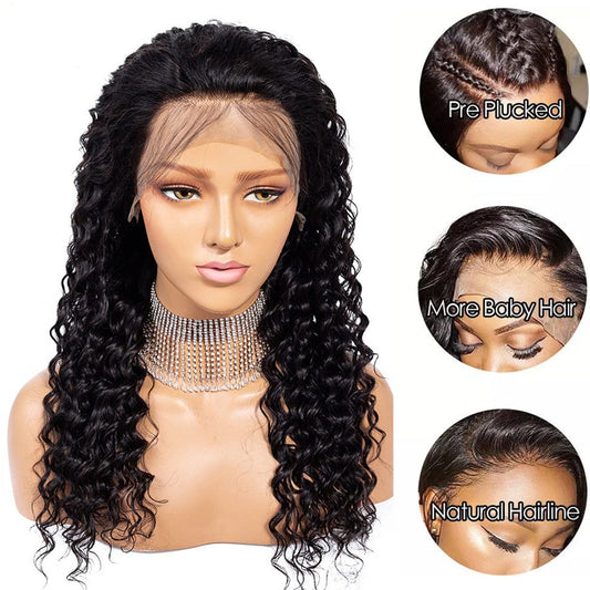 16 Inches / black Pre-prucked Baby Hair Long Full HD 360 Front Lace Wig Deep Wave 100% Virgin Human Hair Wig