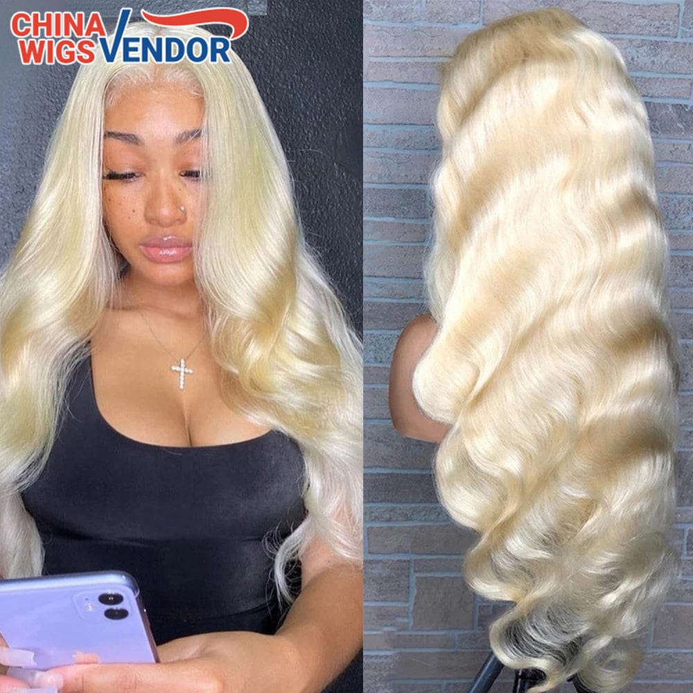 16 Inches / BW 13X6 Ombre Blonde Wave Human Hair Lace Wigs Preplucked Lace Frontal Wig HD Transparent 613# Straight Glueless Lace Wigs 14-28