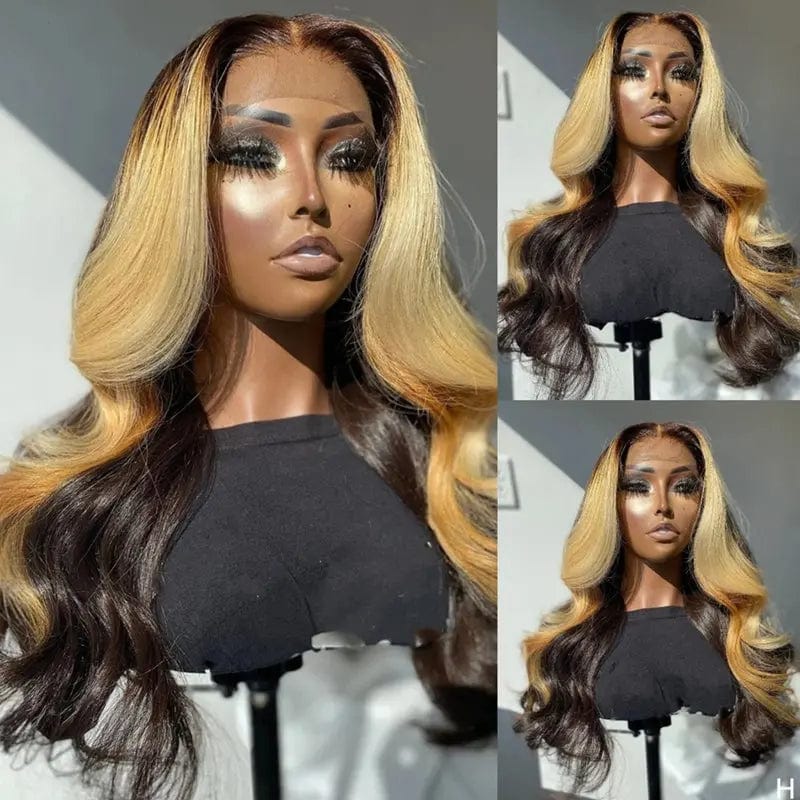 16 Inches / Color 1 Popularity Loose Body Wave Ombre Honey Brown Blonde Highlight Virgin Burmese Cuticle Aligned Hair Lace Front Wigs