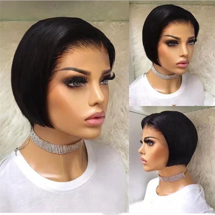 16 Inches / Color 2 Invisible Swiss Lace Ombre Brown Color Pixie Blunt Cut Bob 100 Virgin Human Hair Super Soft Lace Front Wigs
