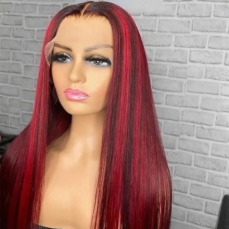 16 Inches / Highlight Burgundy Color Long Silky Straight Human Wig Ombre Highlight Burgundy Long Part Pre-plucked Natural Line 13*6 Lace Front Wig For Women
