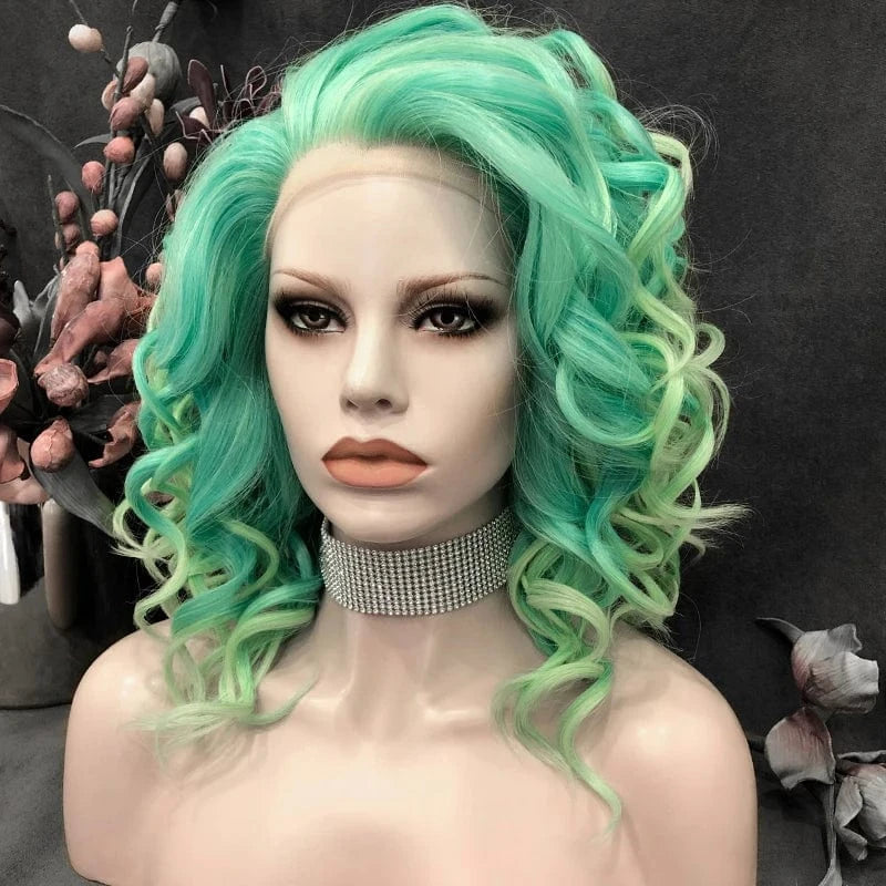 16 Inches / N16-C129-GL Celebrity 16inch ombre pastel green Color Lace Front Wig Transparent Small Knots Pre-Plucked Synthetic Hair Wigs