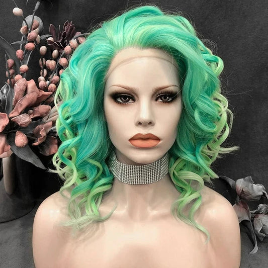 16 Inches / N16-C129-GL Celebrity 16inch ombre pastel green Color Lace Front Wig Transparent Small Knots Pre-Plucked Synthetic Hair Wigs
