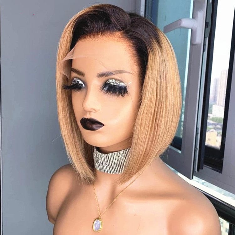 16 Inches / Ombre Strawberry Blonde Color New Design Ombre Bob Straight Wig Cuticle Aligned Virgin Brazilian Human Hair Lace Front Wig