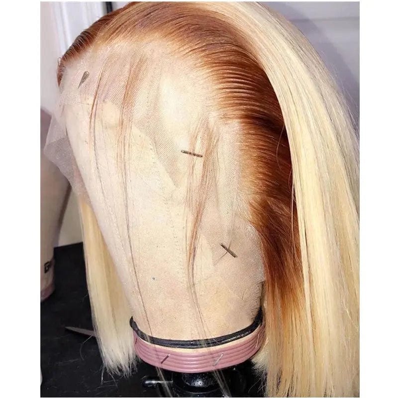 16 Inches / # style13 Glueless Cuticle Aligned Brown Highlight Color Straight Bob Cut Pixie Wig Pre Plucked Lace Front Wigs