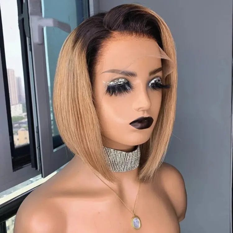 16 Inches / # style9 Glueless Cuticle Aligned Brown Highlight Color Straight Bob Cut Pixie Wig Pre Plucked Lace Front Wigs