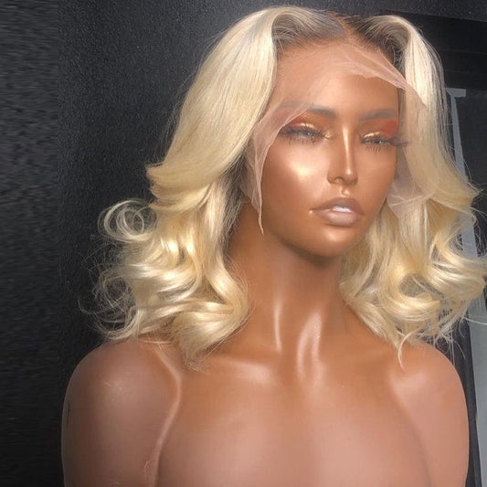 16 Inches / #T1b/613 T- Lace Wig Luxury  Natural Black /613 color Short Body Wave Human Hair Blonde Wigs 13*5 T- Part Lace Front Wig