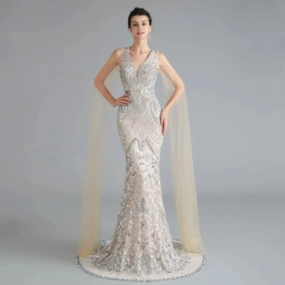 16 / silver Wholesale Luxury Red Mermaid Modest Gold Celebrity Evening Dresses Women Champagne Elegant Sequins Silver Party Wear with Wings