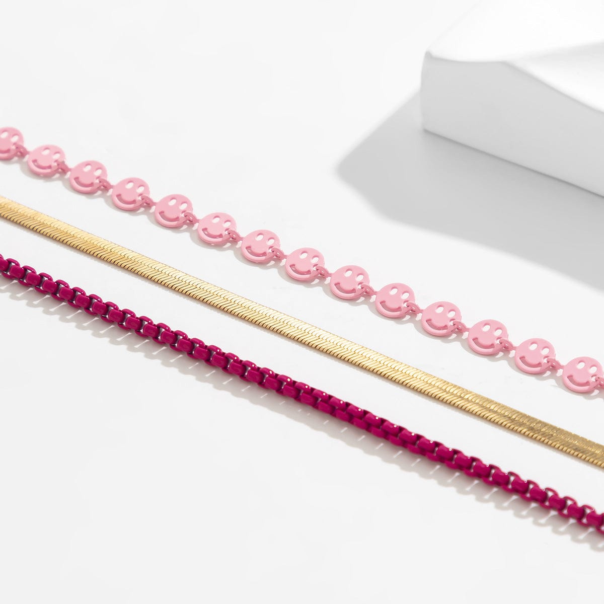 16inches / Gold CARTER LISA Fashion Stacking Simple Three Rows Pink Smiley Collarbone Chain Metal Snake Bone Chain Necklace Accessories Women