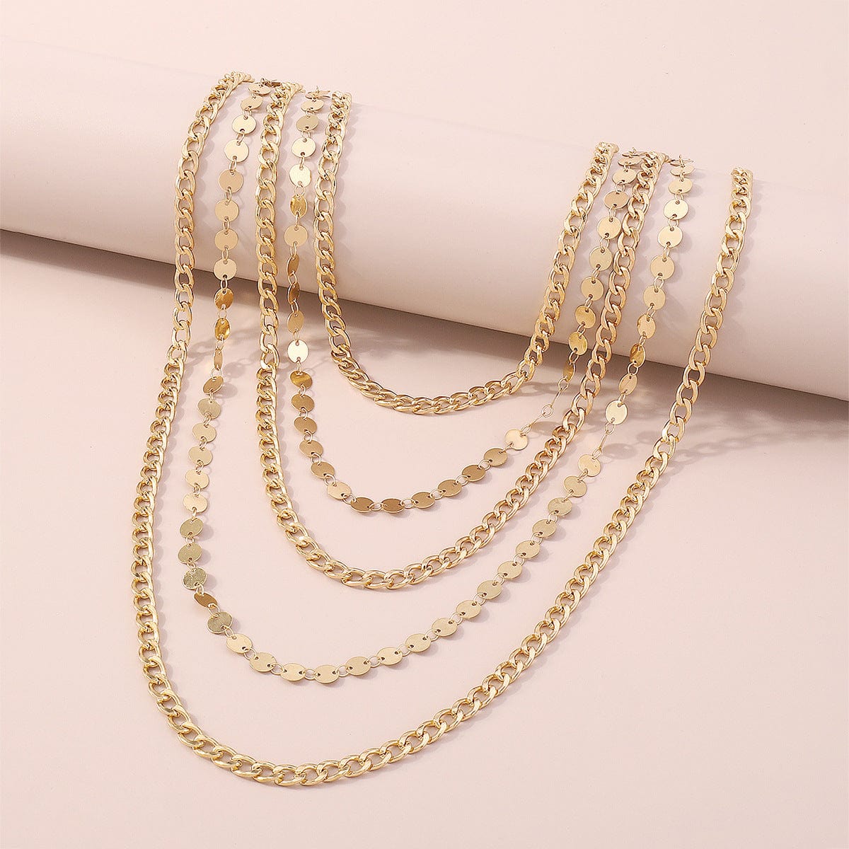16inches / Gold CARTER LISA Punk Gold Plated  Multi-layer Stacked Necklace Exaggerated Gold Geometric Round Bead Necklace