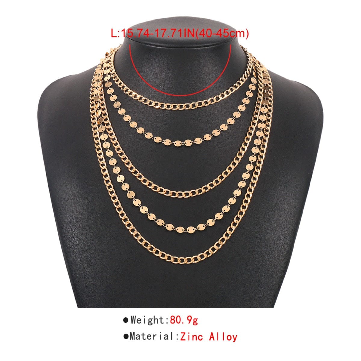 16inches / Gold CARTER LISA Punk Gold Plated  Multi-layer Stacked Necklace Exaggerated Gold Geometric Round Bead Necklace