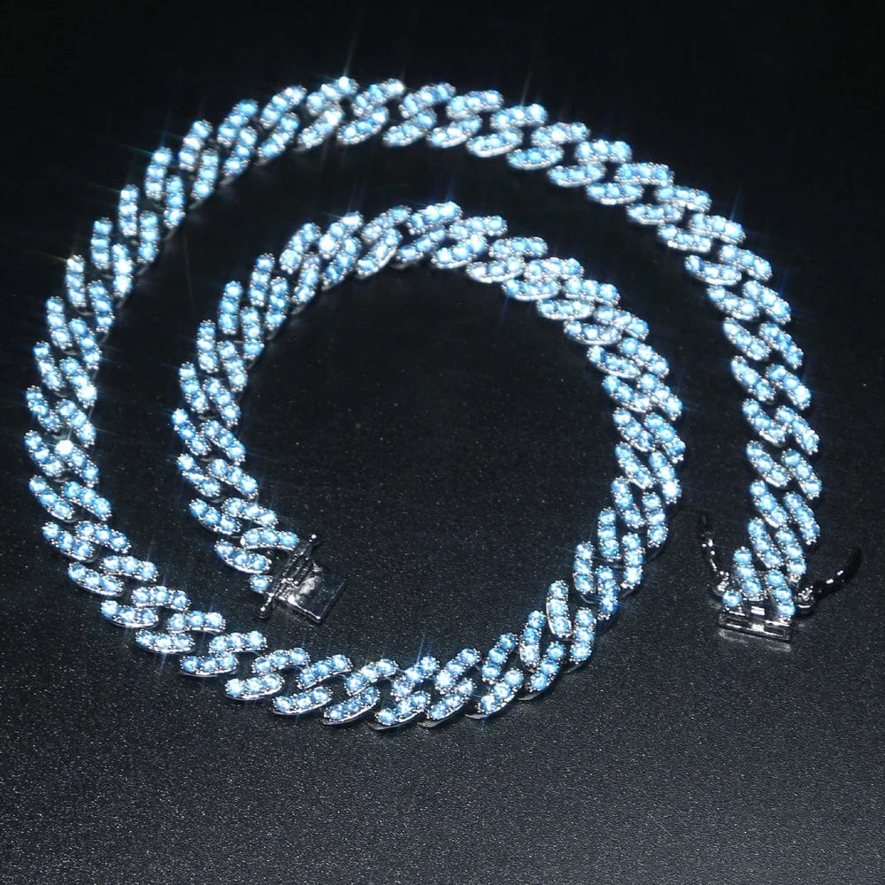 16inches / N075-All Blue 9mm full ocean blue cubic zirconia cz cuban link chain women necklace