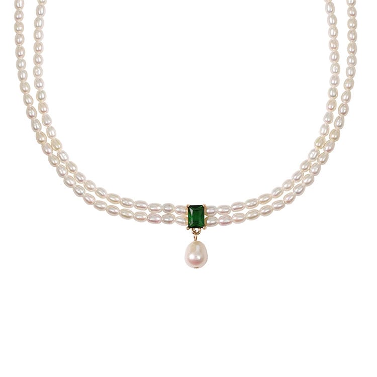 16inches / White Aimgal clavicle chain French elegant emerald moissanite fresh water pearl chocker necklace for women