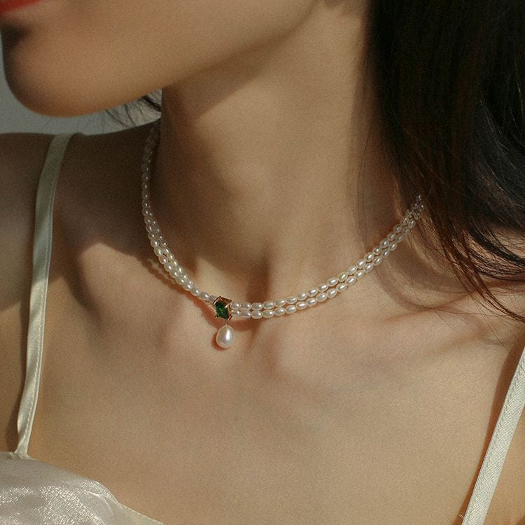 16inches / White Aimgal clavicle chain French elegant emerald moissanite fresh water pearl chocker necklace for women