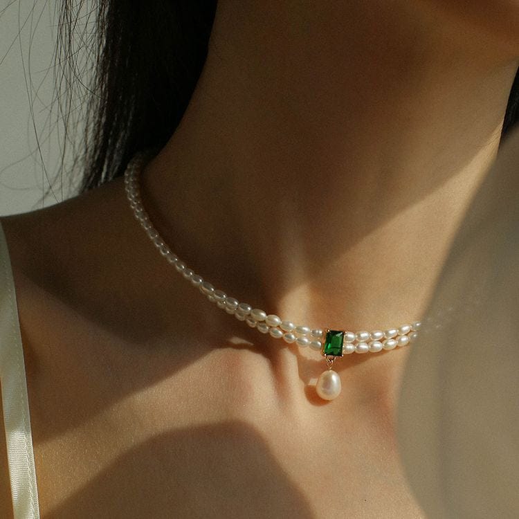 16inches / White Aimgal clavicle chain French elegant emerald moissanite fresh water pearl chocker necklace for women