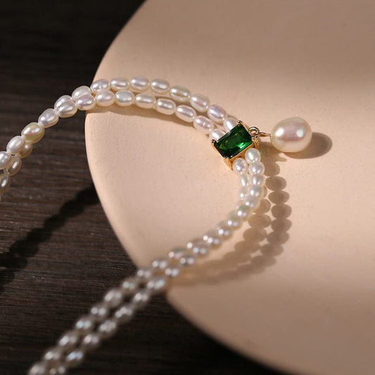 16inches / White Aimgal clavicle chain French elegant emerald moissanite fresh water pearl chocker necklace for women