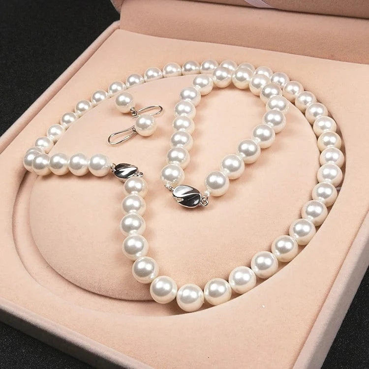 16inches / White LWN41154 10mm Round Mother Of Jewelry White Gold Plated Shell Pearl Necklace Set