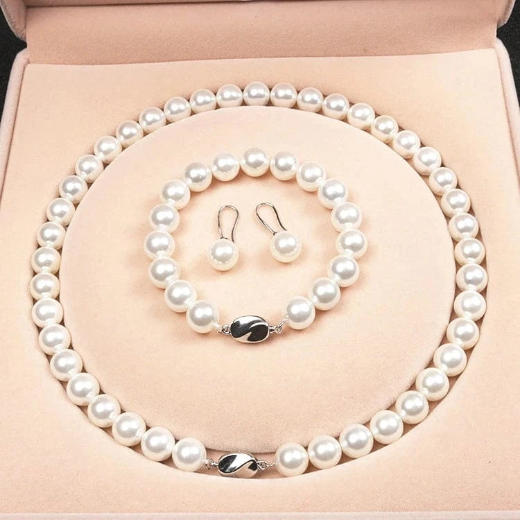 16inches / White LWN41154 10mm Round Mother Of Jewelry White Gold Plated Shell Pearl Necklace Set
