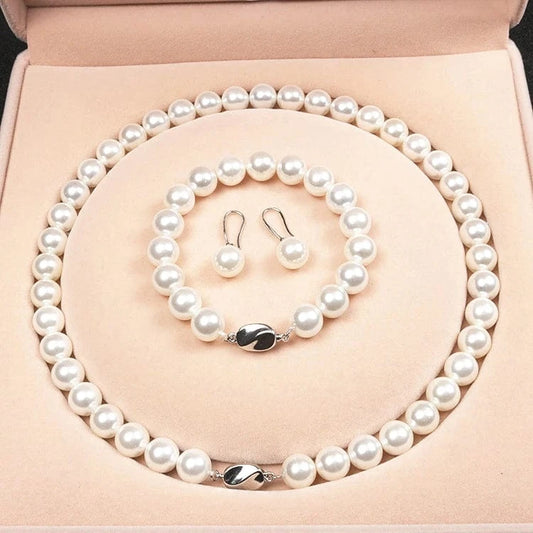 16inches / White LWN41154 10mm Round Mother Of Jewelry White Gold Plated Shell Pearl Necklace Set