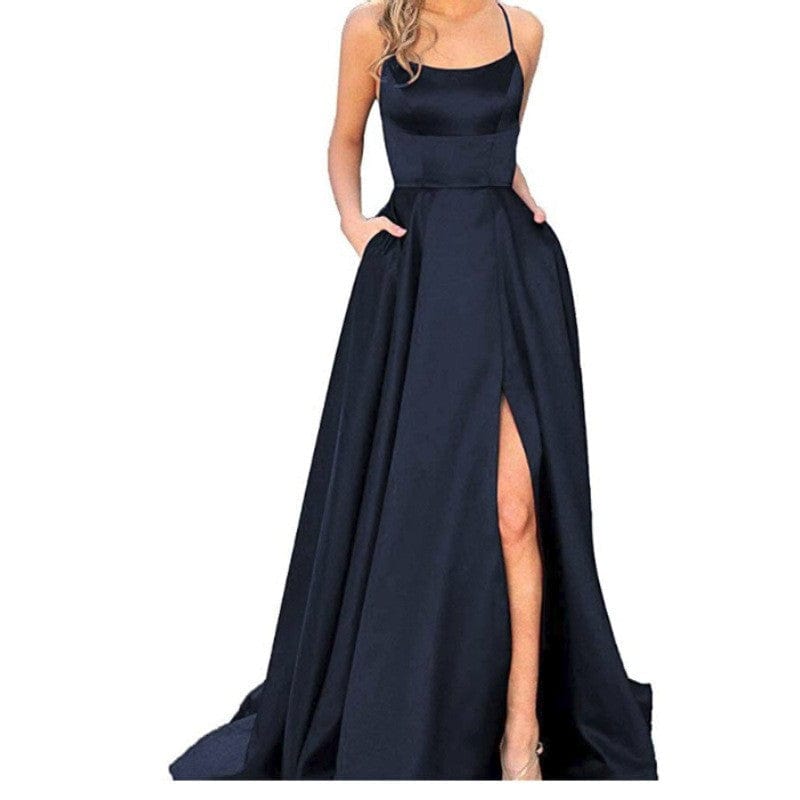 16W / navy blue / Floor Length S4287F   New high quality Sexy Back Cutout Sheer Satin Trailing Swing Front Split party gowns for women evening dress