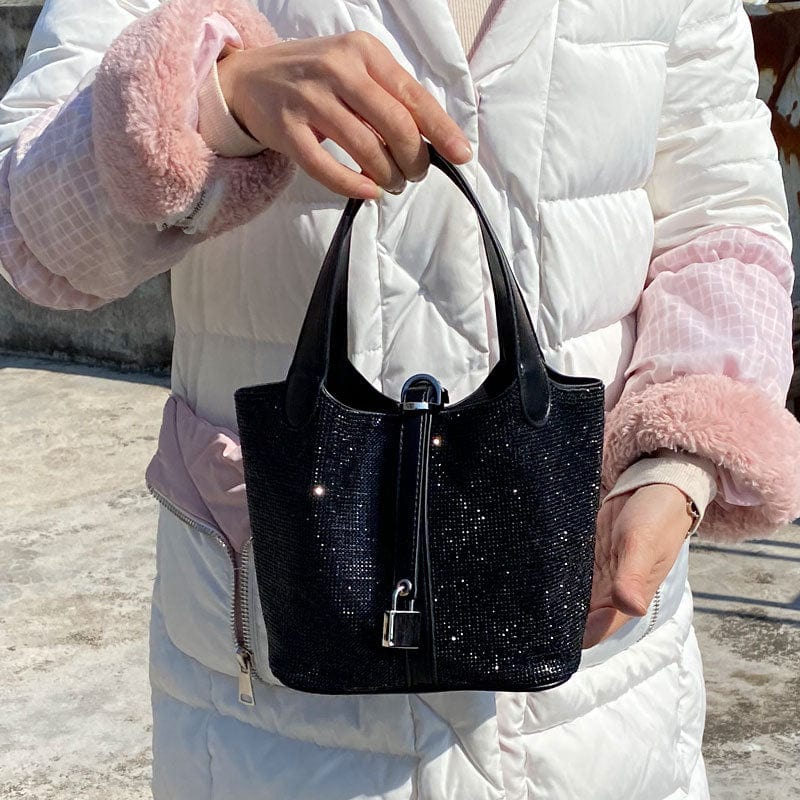 16X12X16CM / Black Ladies Fashion Bling Rhinestone Decoration Bucket Tote Bag Ladies Trend Luxury Pu Leather Shoulder Handbag and Purse For Woman