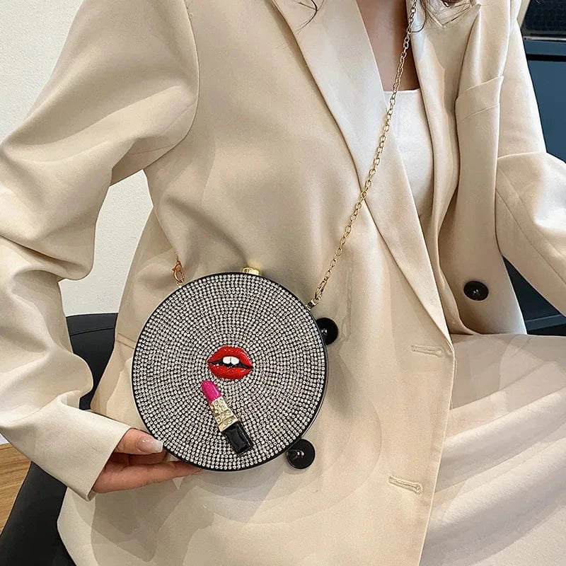 16x4x16cm / 24258 Round Acrylic Crystal Evening Clutch Bag Lips And Lipstick Minaudiere Rhinestone Purses Luxury Designer Wedding Party Handbags